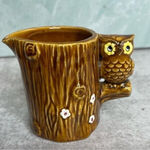 Vintage Japanese Ceramic Owl & Tree Stump Creamer Planter Retro